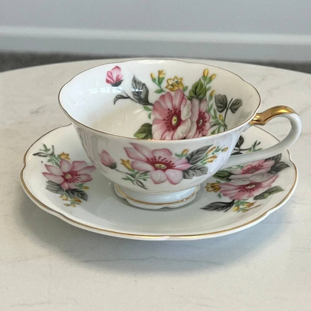 Halsey Fifth Japan Teacup Saucer Floral Porcelain Gold Trim Grandmacore Vtg